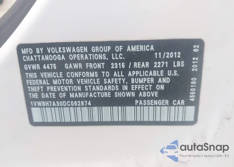 2013 Volkswagen Passat 2.5L Se z USA, uszkodzony, nr VIN 1VWBH7A30DC062874